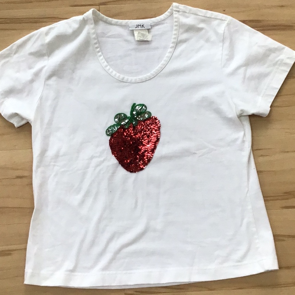 Red Strawberry Sequin Appliqué SS White Tee  Medium